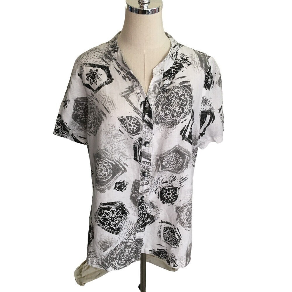 Orchadia Size Large Shirt White Black Short Sleeve Button Up Geometric Floral